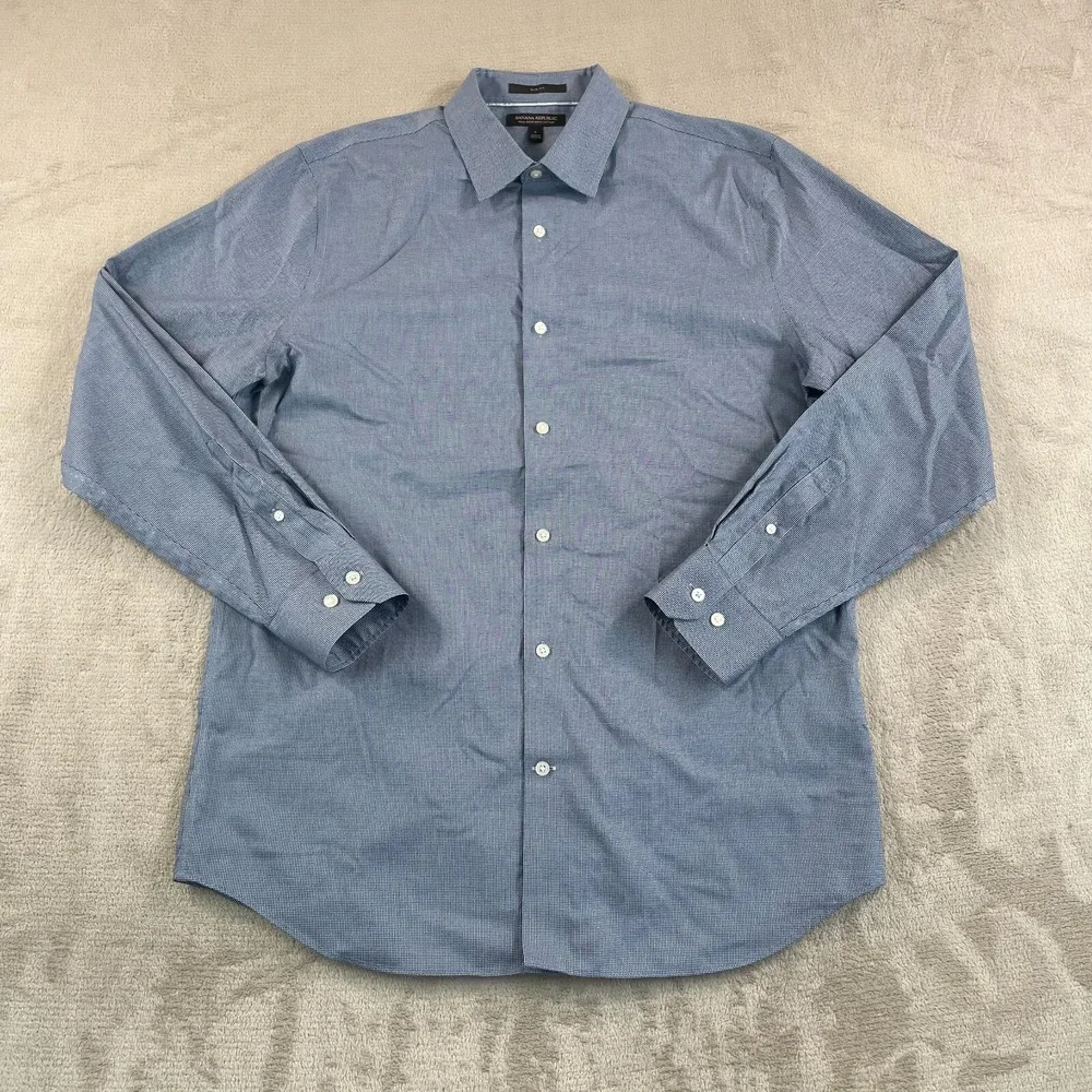 Banana Republic Shirt Men Large Blue‎ Mini Houndstooth Slim Fit Non Iron NWOT